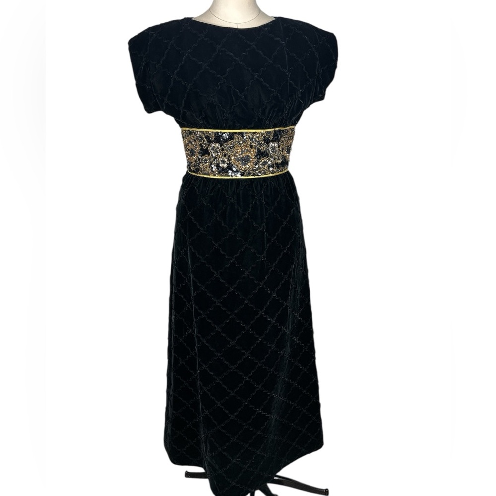 80’s Michael Novarese velvet beaded sequin maxi dress Sz 4 black